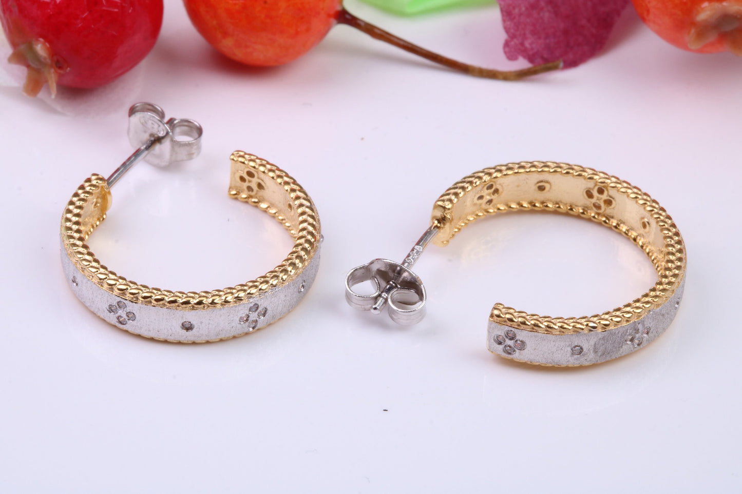 20 mm Round Creole Hoop Earrings Made from 925 Grade Sterling Silver, C Z set and Yellow Gold Pated