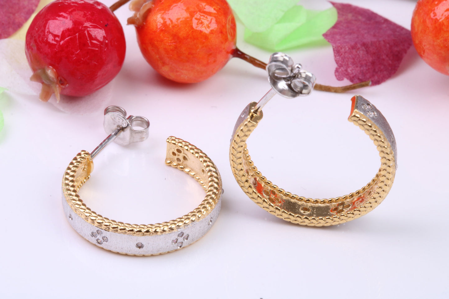 20 mm Round Creole Hoop Earrings Made from 925 Grade Sterling Silver, C Z set and Yellow Gold Pated