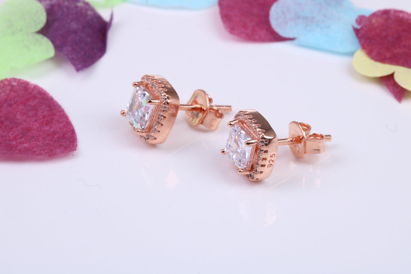 8 mm Square Cluster Cubic Zirconia set Earrings, Very Dressy, Made from Solid 925 Grade Sterling Silver, Rose Gold Plated