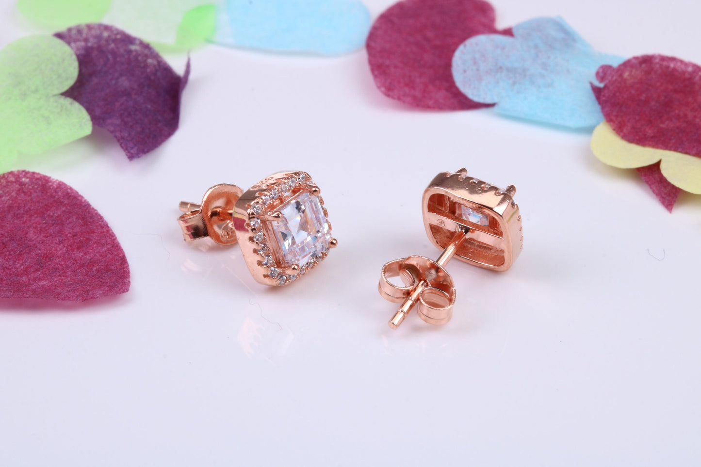 8 mm Square Cluster Cubic Zirconia set Earrings, Very Dressy, Made from Solid 925 Grade Sterling Silver, Rose Gold Plated