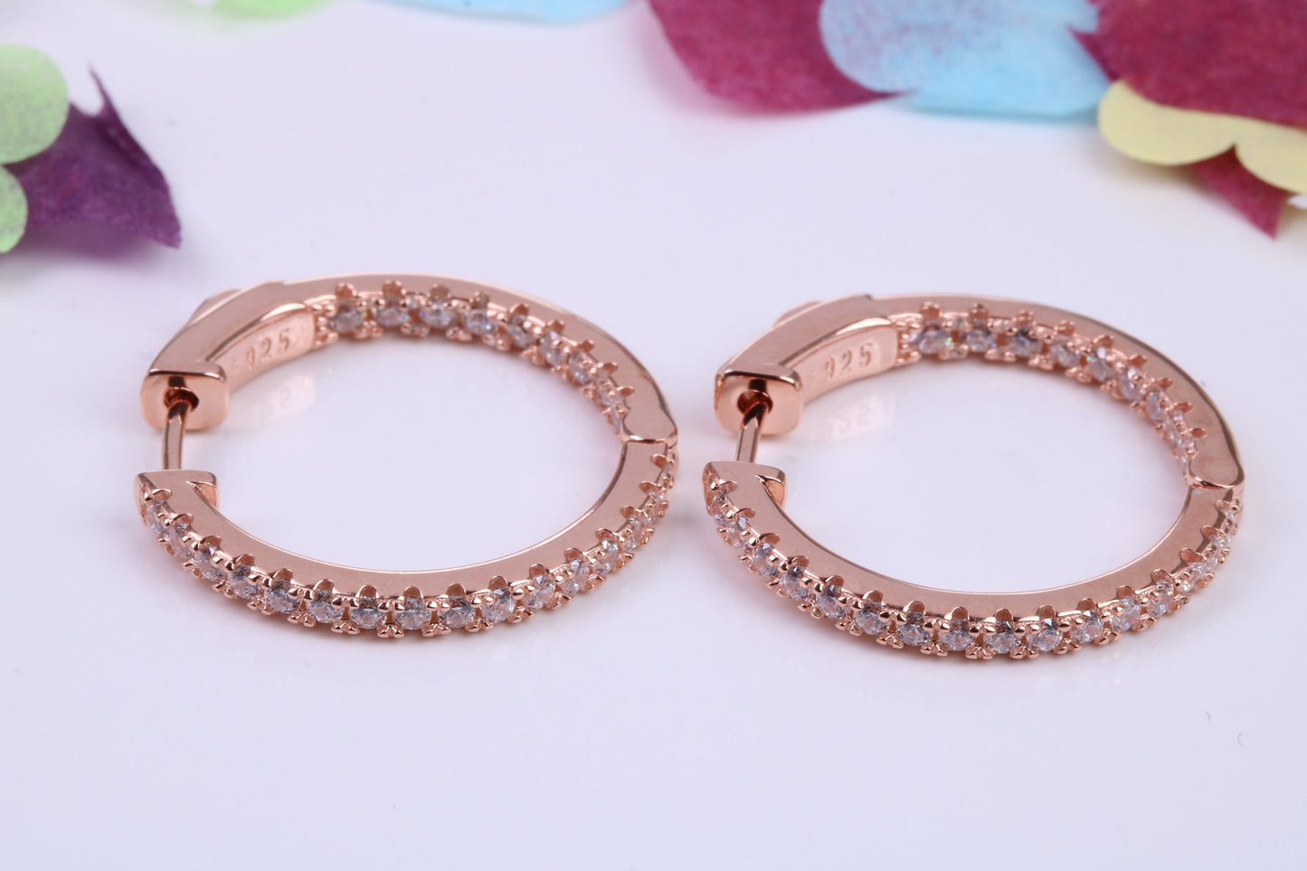 25 mm Round Hoop Cubic Zirconia set Earrings, Very Dressy, Made from Solid 925 Grade Sterling Silver, 18ct Rose Gold Plated