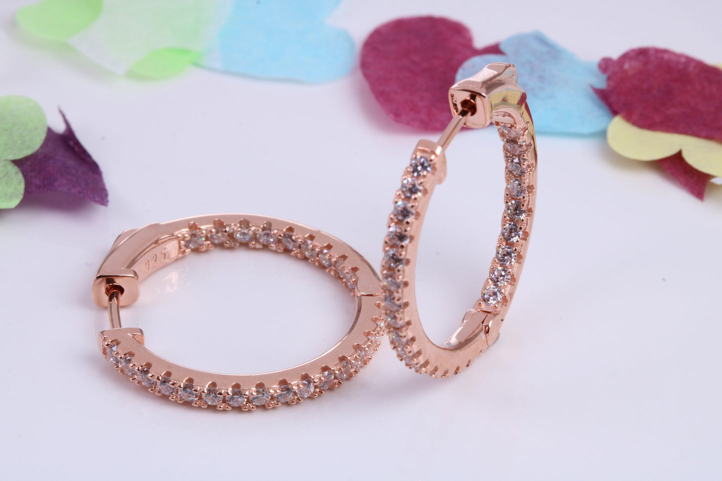 25 mm Round Hoop Cubic Zirconia set Earrings, Very Dressy, Made from Solid 925 Grade Sterling Silver, 18ct Rose Gold Plated