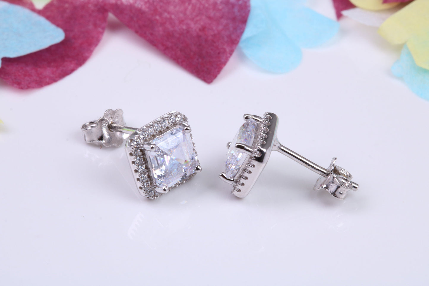 8 mm Square Cluster Cubic Zirconia set Earrings, Very Dressy, Made from Solid 925 Grade Sterling Silver