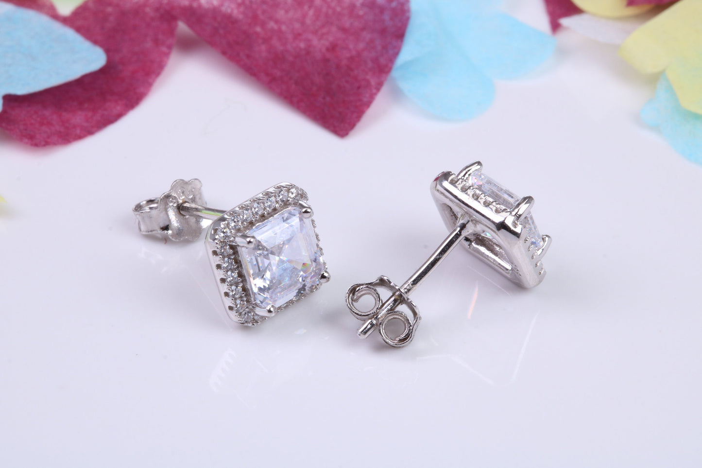 8 mm Square Cluster Cubic Zirconia set Earrings, Very Dressy, Made from Solid 925 Grade Sterling Silver