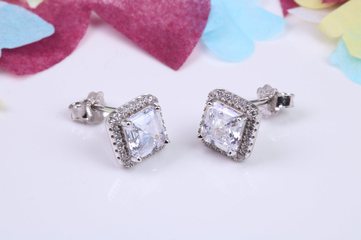 8 mm Square Cluster Cubic Zirconia set Earrings, Very Dressy, Made from Solid 925 Grade Sterling Silver