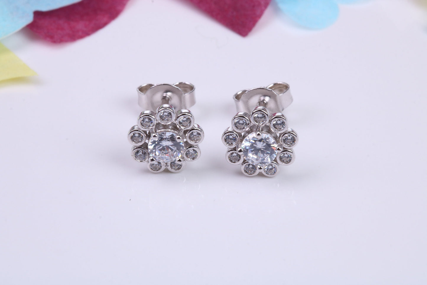 8 mm Round Flower Cluster Cubic Zirconia set Earrings, Very Dressy, Made from Solid 925 Grade Sterling Silver