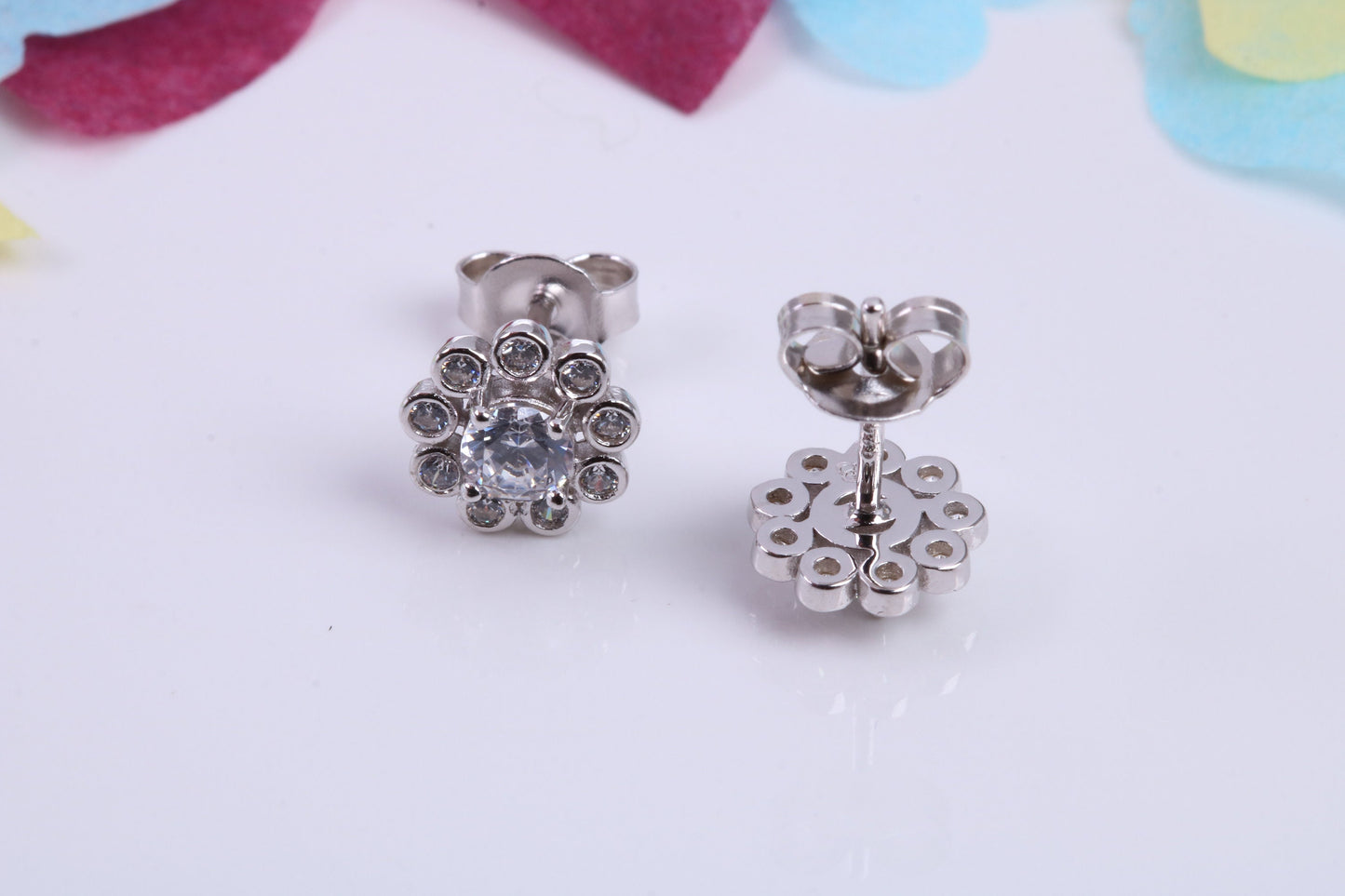 8 mm Round Flower Cluster Cubic Zirconia set Earrings, Very Dressy, Made from Solid 925 Grade Sterling Silver