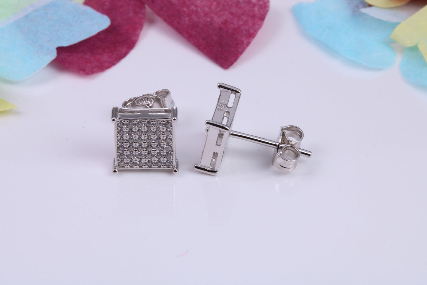 8 mm Square Cluster Cubic Zirconia set Earrings, Very Dressy, Made from Solid 925 Grade Sterling Silver