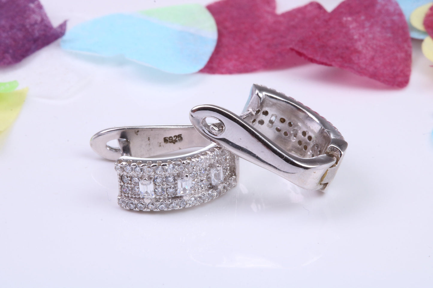 15 mm Long Hoop Cubic Zirconia set Earrings, Very Dressy, Made from Solid 925 Grade Sterling Silver