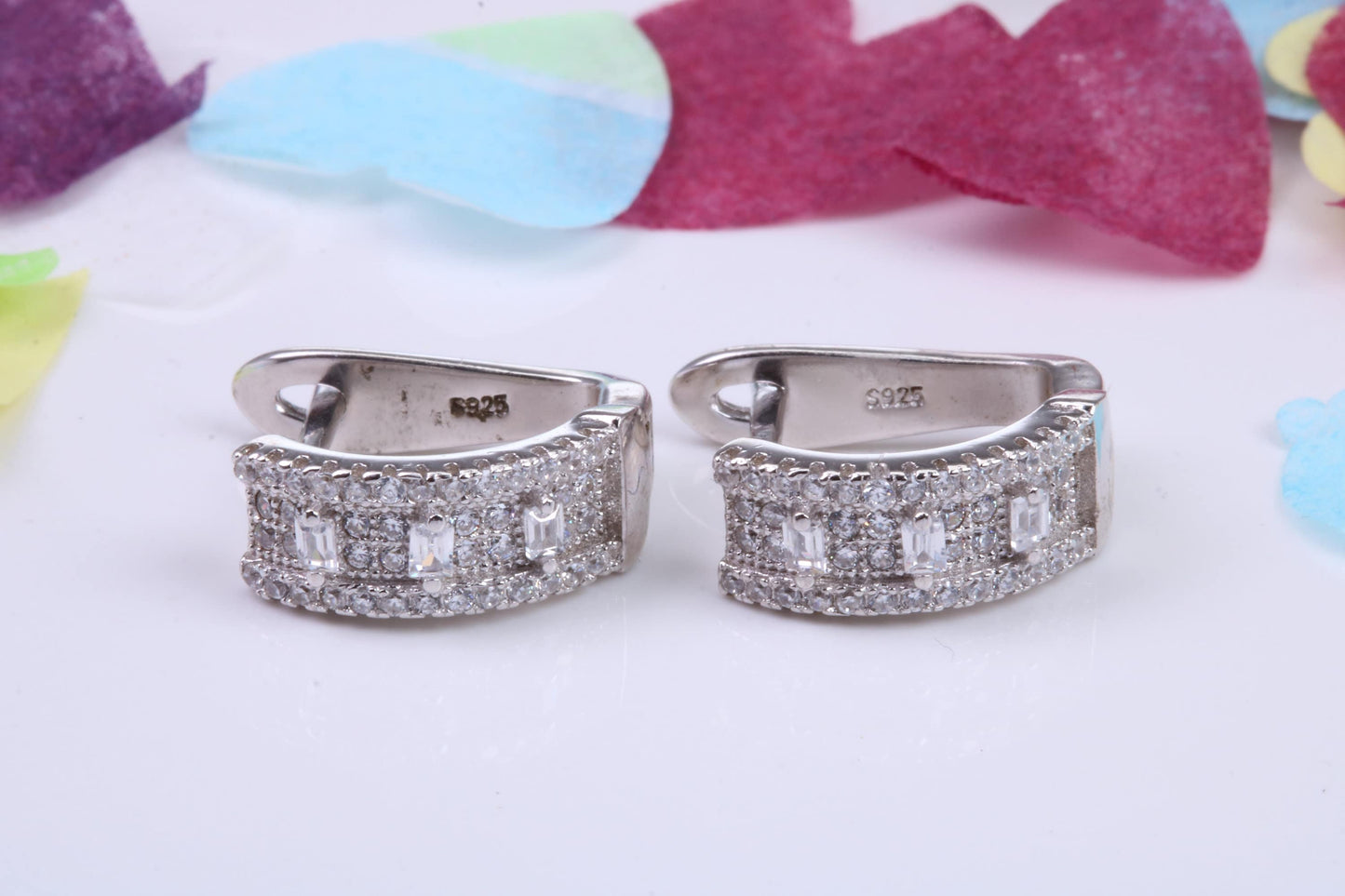 15 mm Long Hoop Cubic Zirconia set Earrings, Very Dressy, Made from Solid 925 Grade Sterling Silver