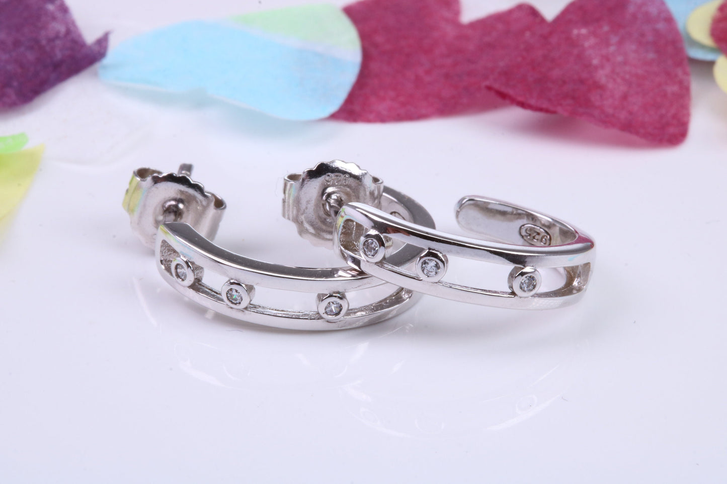 20 mm Long Hoop Cubic Zirconia set Earrings, Very Dressy, Made from Solid 925 Grade Sterling Silver