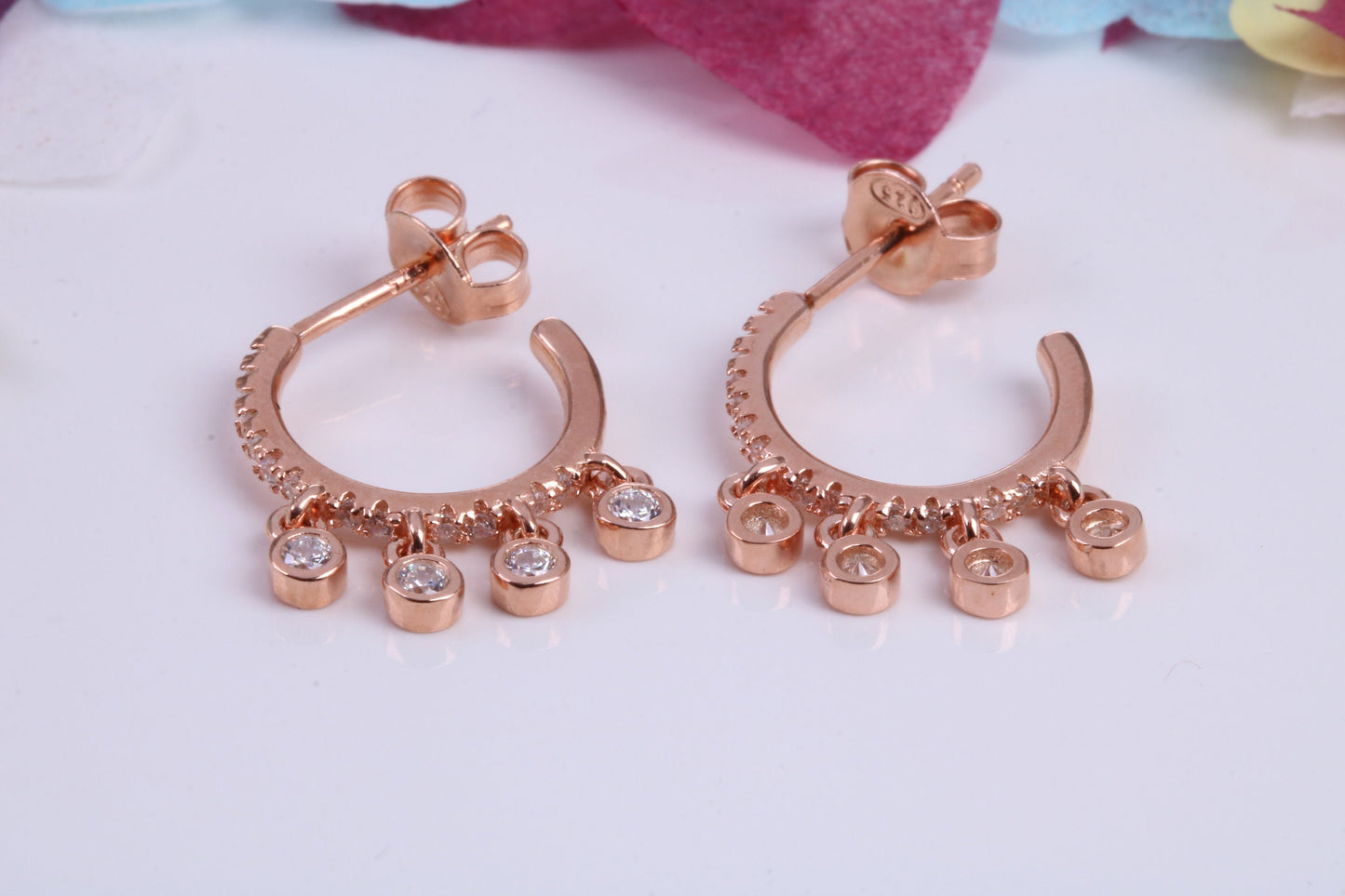 14 mm Round Hoop Cubic Zirconia set Earrings, Very Dressy, Made from Solid 925 Grade Sterling Silver, 18ct Rose Gold Plated