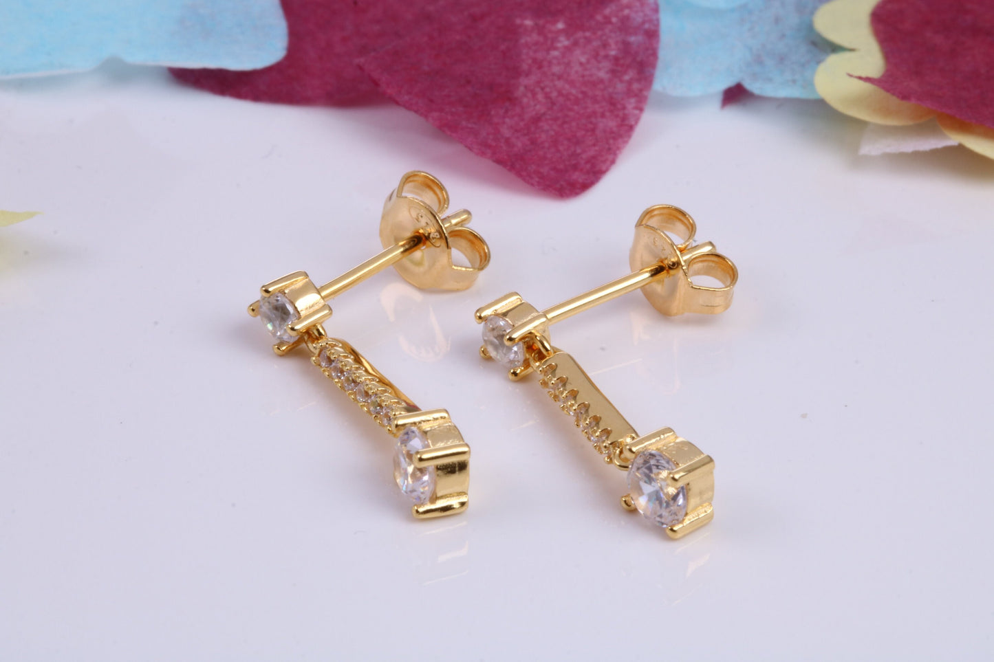 20 mm Long Cubic Zirconia set Earrings, Very Dressy, Made from Solid 925 Grade Sterling Silver, 18ct Yellow Gold Plated