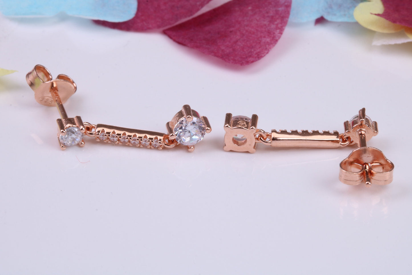 20 mm Long Cubic Zirconia set Earrings, Very Dressy, Made from Solid 925 Grade Sterling Silver, 18ct Rose Gold Plated