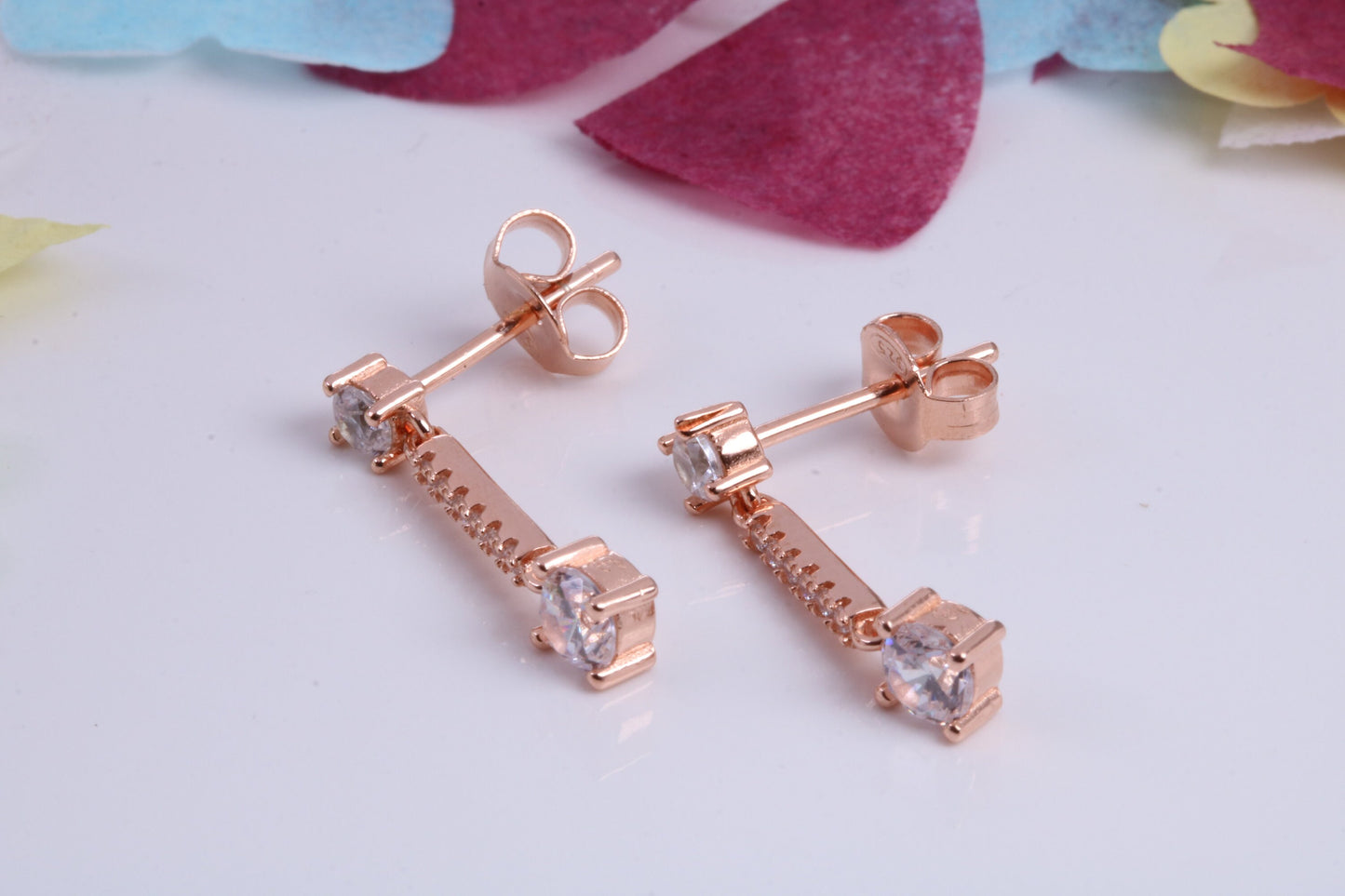 20 mm Long Cubic Zirconia set Earrings, Very Dressy, Made from Solid 925 Grade Sterling Silver, 18ct Rose Gold Plated