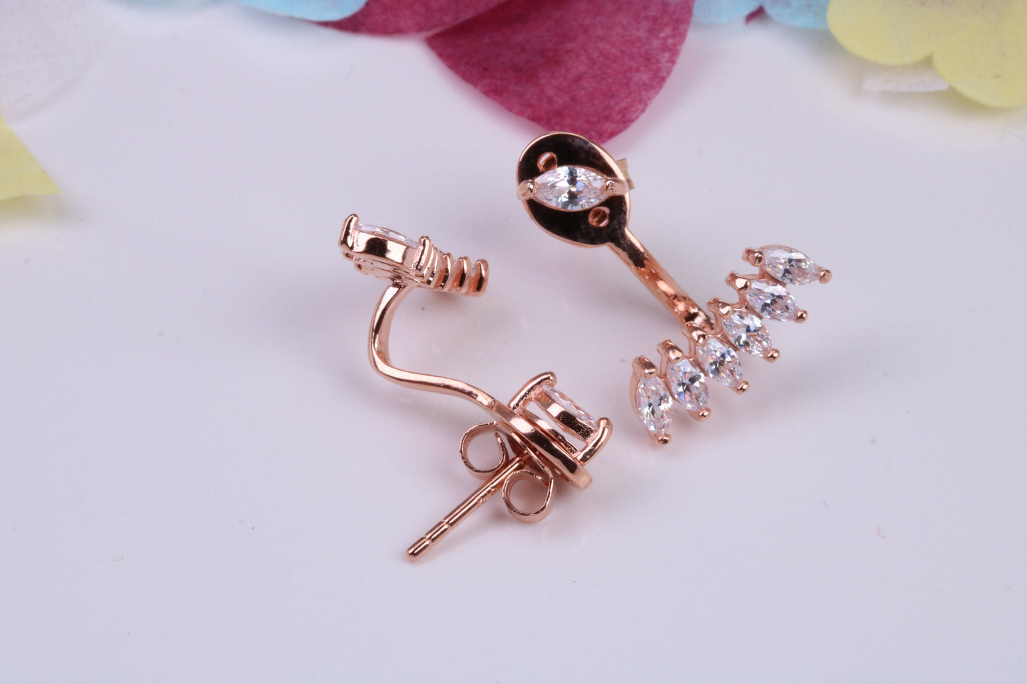 20 mm Long Dropper Stud Cubic Zirconia set Earrings, Very Dressy, Made from Solid 925 Grade Sterling Silver, 18ct Rose Gold Plated