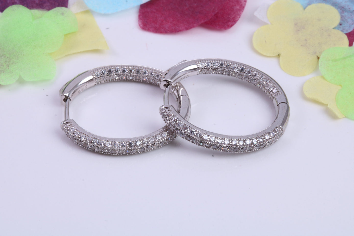 25 mm Long Hoop Cubic Zirconia set Earrings, Secure Fittings, Very Dressy, Made from Solid 925 Grade Sterling Silver