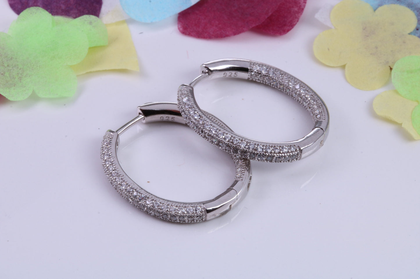 25 mm Long Hoop Cubic Zirconia set Earrings, Secure Fittings, Very Dressy, Made from Solid 925 Grade Sterling Silver