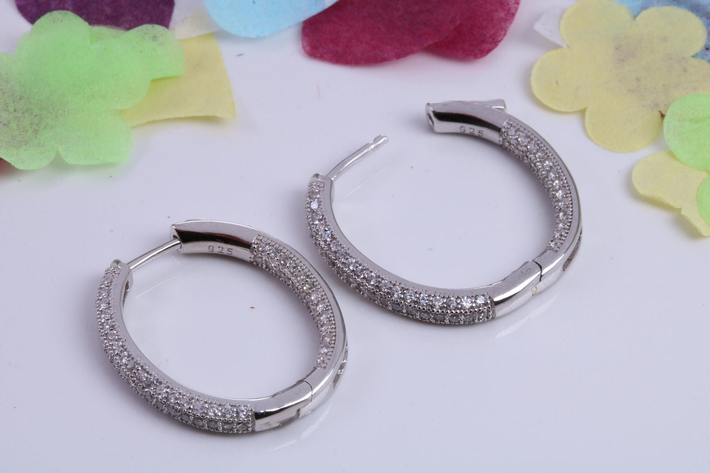 25 mm Long Hoop Cubic Zirconia set Earrings, Secure Fittings, Very Dressy, Made from Solid 925 Grade Sterling Silver