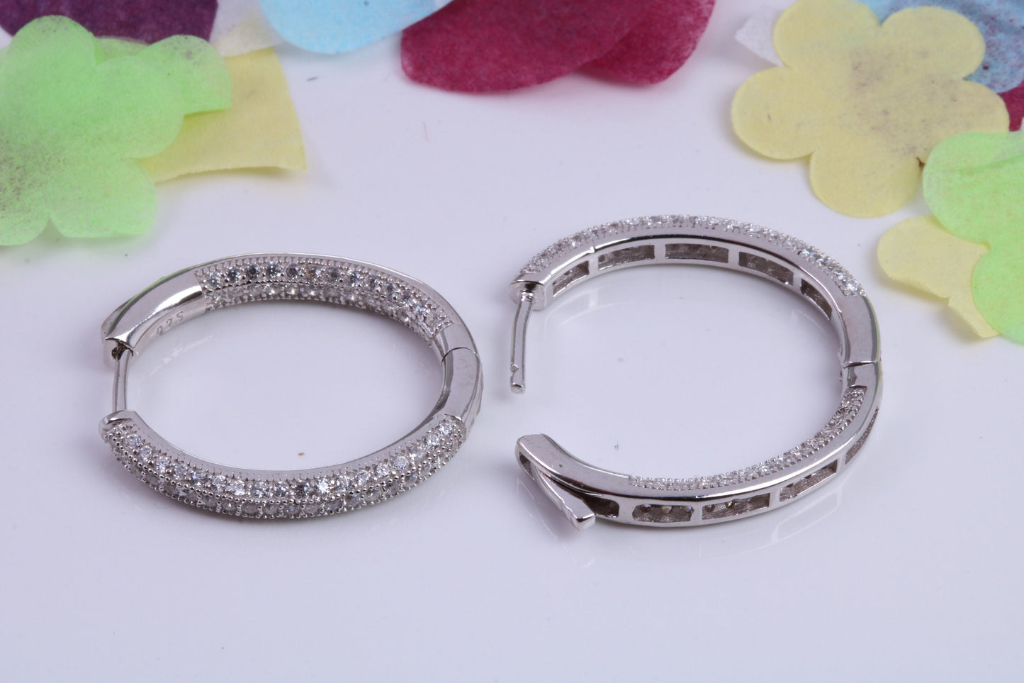 25 mm Long Hoop Cubic Zirconia set Earrings, Secure Fittings, Very Dressy, Made from Solid 925 Grade Sterling Silver