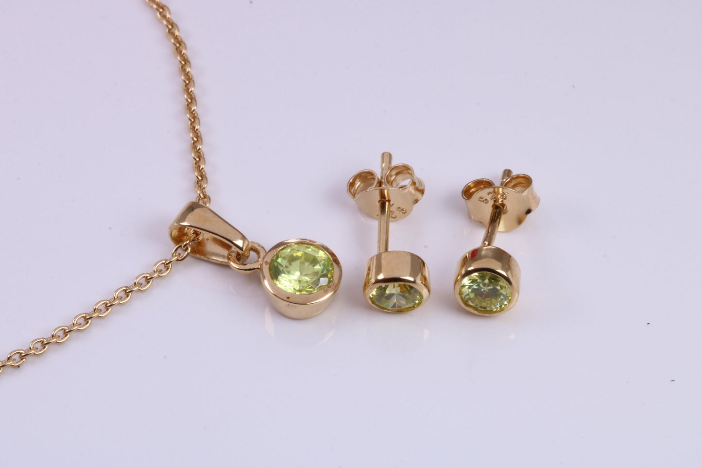 Real Peridot set Necklace and Matching Stud Earrings, made from solid Sterling Silver and 18ct Yellow Gold Plated