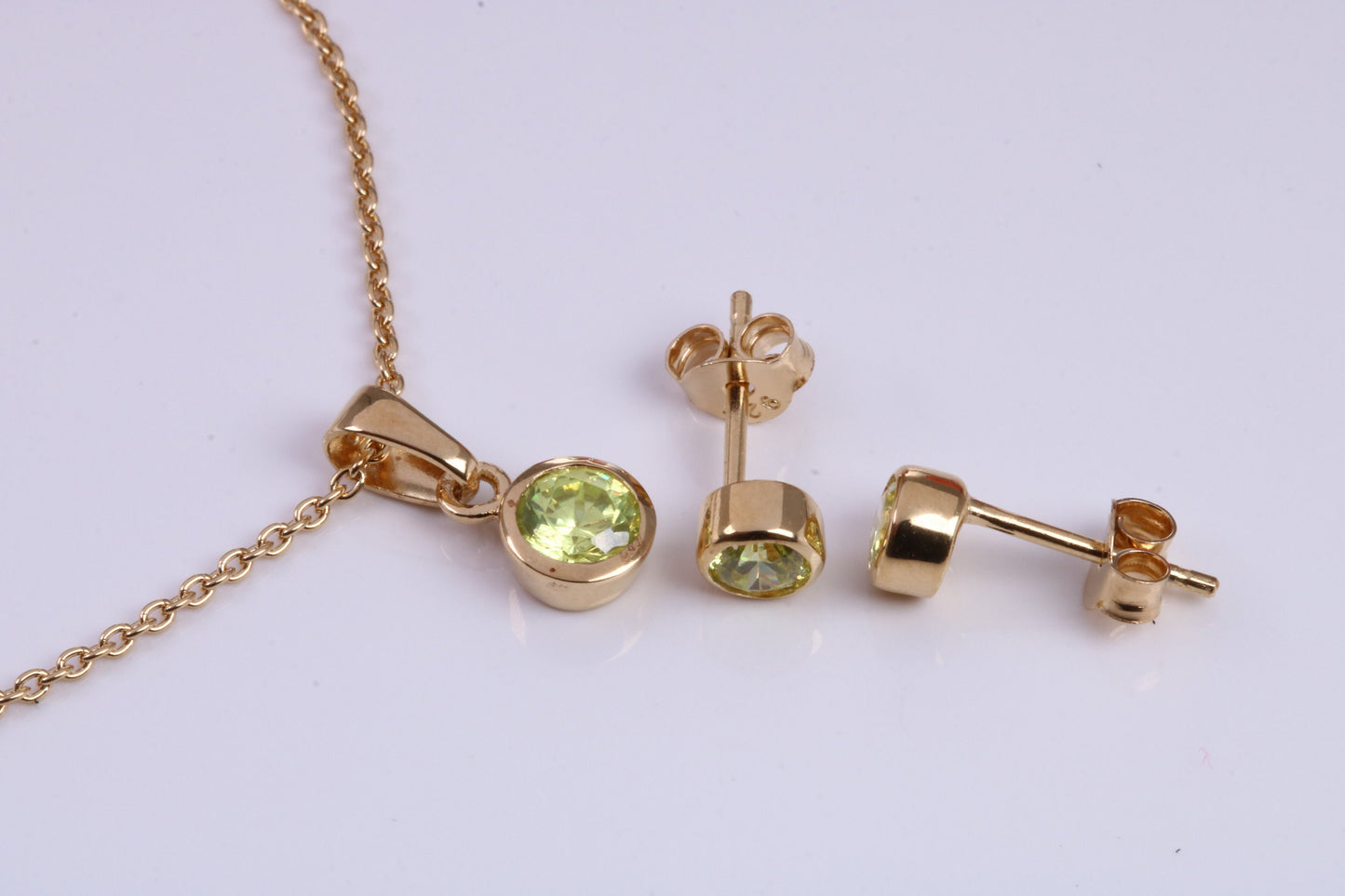 Real Peridot set Necklace and Matching Stud Earrings, made from solid Sterling Silver and 18ct Yellow Gold Plated
