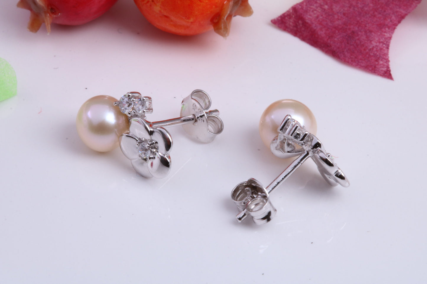 Rose Flower Pearl and Cubic Zirconia set Stud Earrings, Very Dressy, Made from Solid 925 Grade Sterling Silver