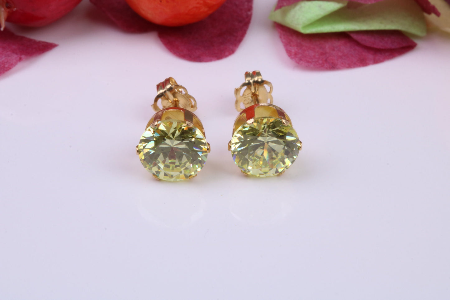 8 mm Round Peridot Cubic Zirconia set Stud Earrings, Made from Solid 9ct Yellow Gold