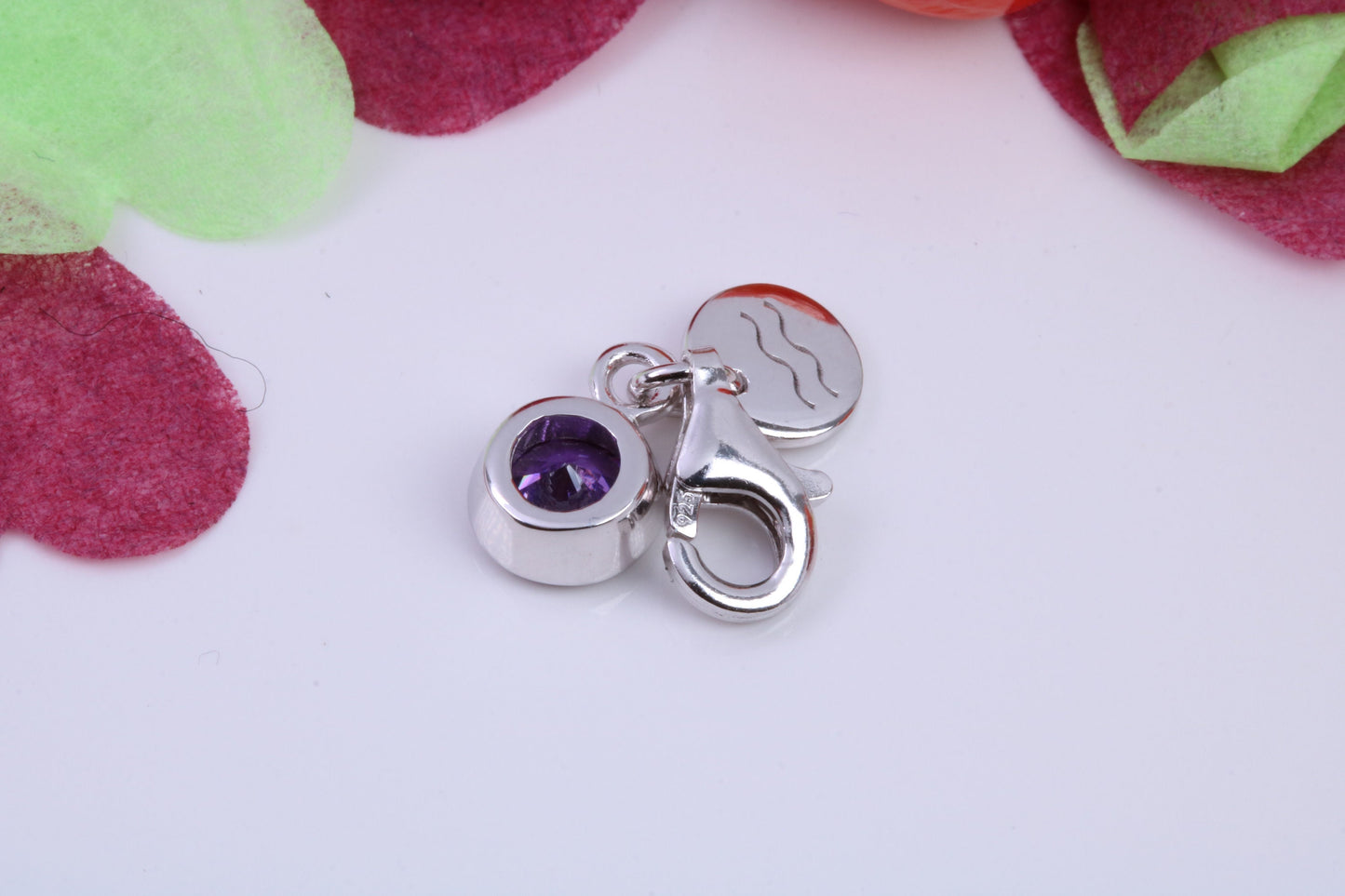 February Amethyst C Z set Charm, Made From 925 Grade Sterling Silver, Birthstone Charm