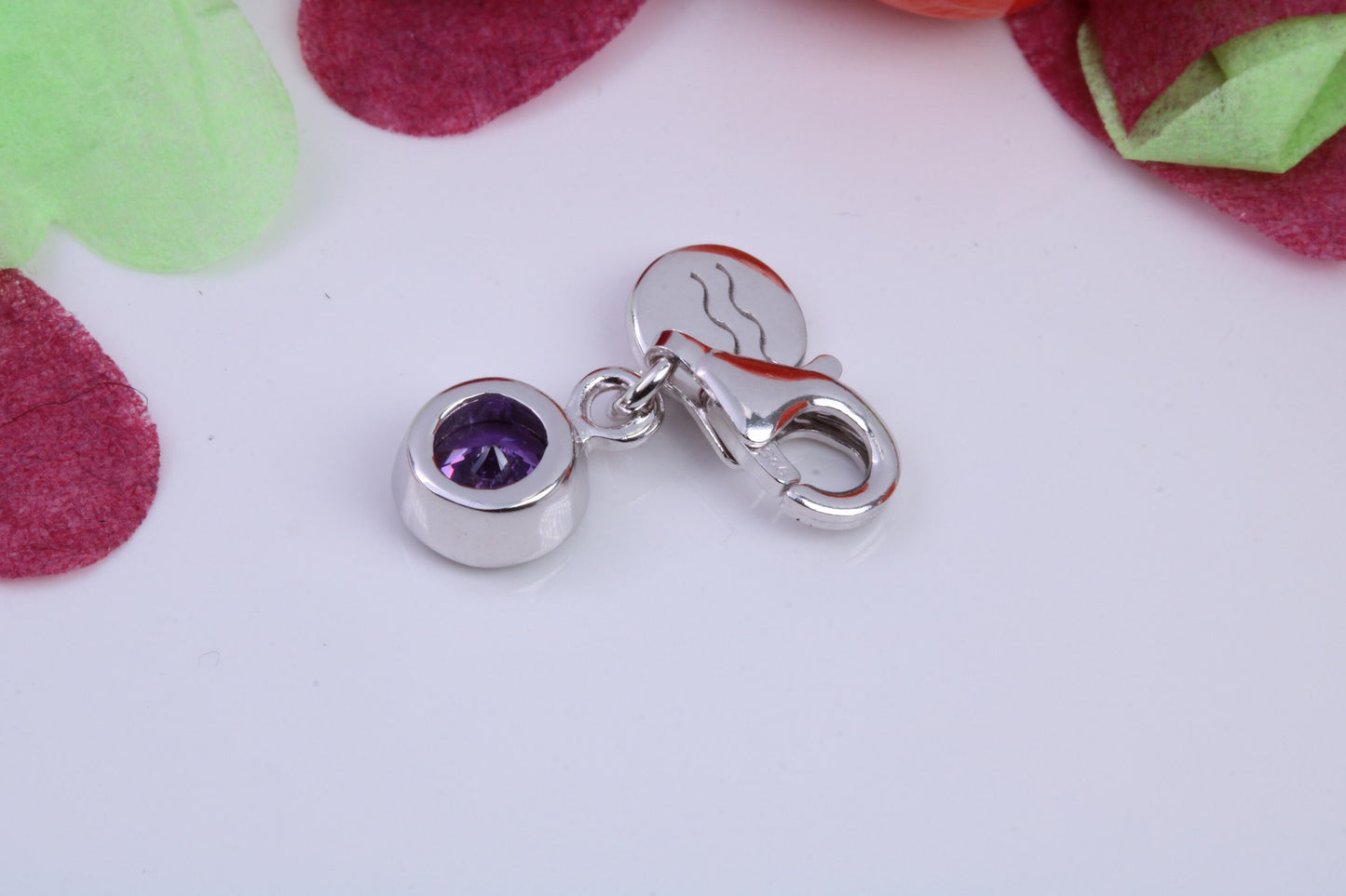 February Amethyst C Z set Charm, Made From 925 Grade Sterling Silver, Birthstone Charm