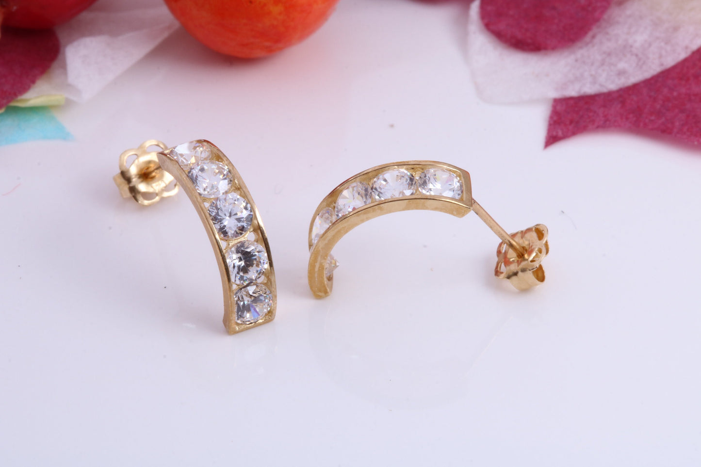 Half Hoops Cubic Zirconia set Stud Earrings Made from 9ct Yellow Gold, Diamond and Gold Look