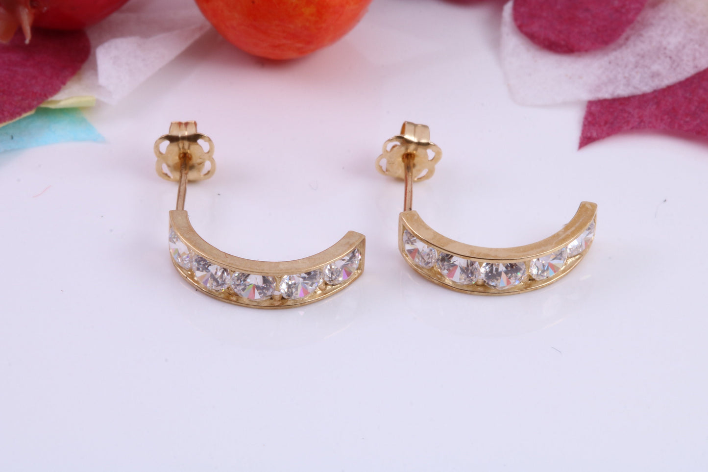 Half Hoops Cubic Zirconia set Stud Earrings Made from 9ct Yellow Gold, Diamond and Gold Look