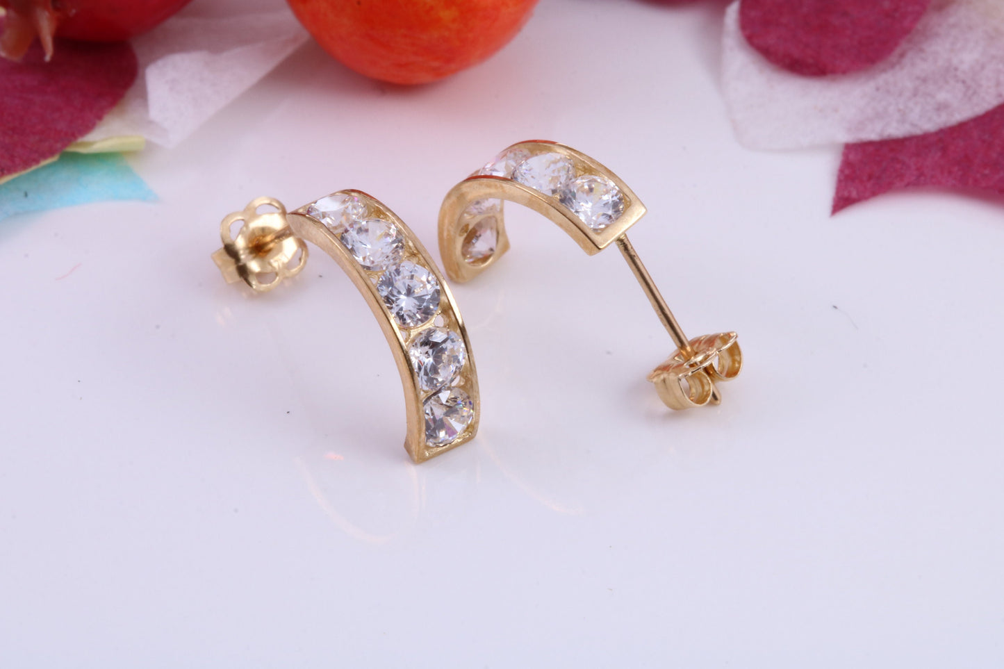 Half Hoops Cubic Zirconia set Stud Earrings Made from 9ct Yellow Gold, Diamond and Gold Look