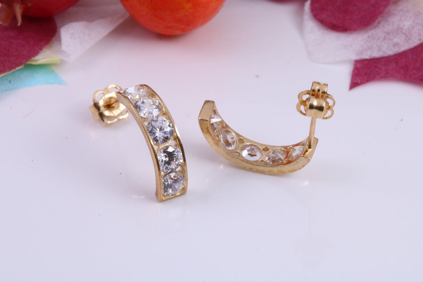 Half Hoops Cubic Zirconia set Stud Earrings Made from 9ct Yellow Gold, Diamond and Gold Look