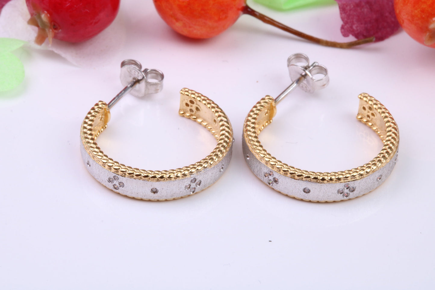 20 mm Round Creole Hoop Earrings Made from 925 Grade Sterling Silver, C Z set and Yellow Gold Pated