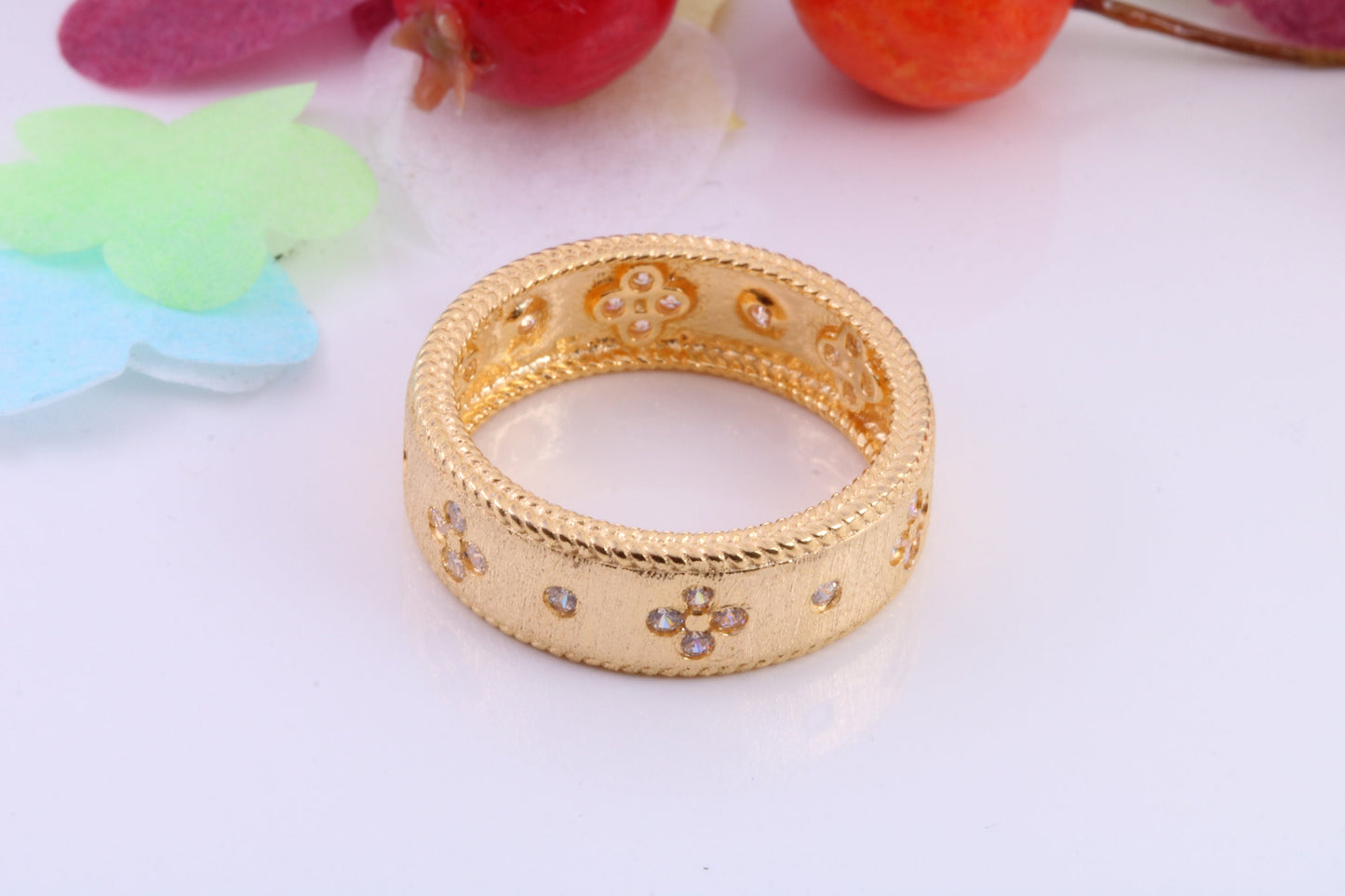 7 mm Wide Very Dressy Cubic Zirconia set Ring, Made from Solid Silver, 18ct Yellow Gold Plated