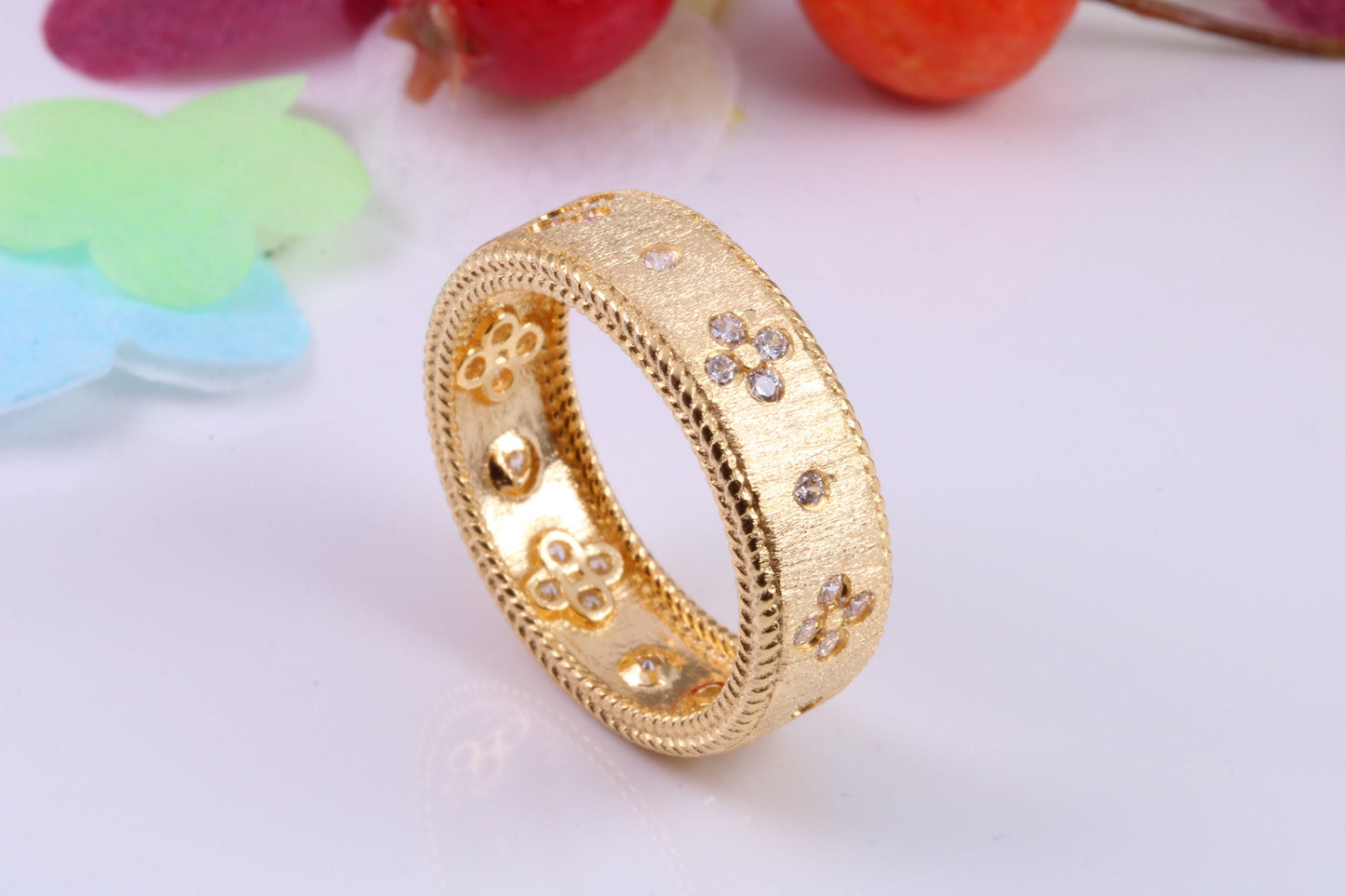 7 mm Wide Very Dressy Cubic Zirconia set Ring, Made from Solid Silver, 18ct Yellow Gold Plated