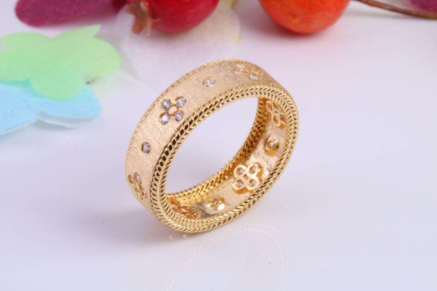 7 mm Wide Very Dressy Cubic Zirconia set Ring, Made from Solid Silver, 18ct Yellow Gold Plated