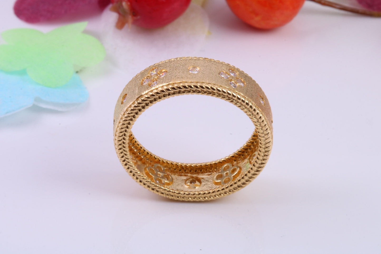 7 mm Wide Very Dressy Cubic Zirconia set Ring, Made from Solid Silver, 18ct Yellow Gold Plated