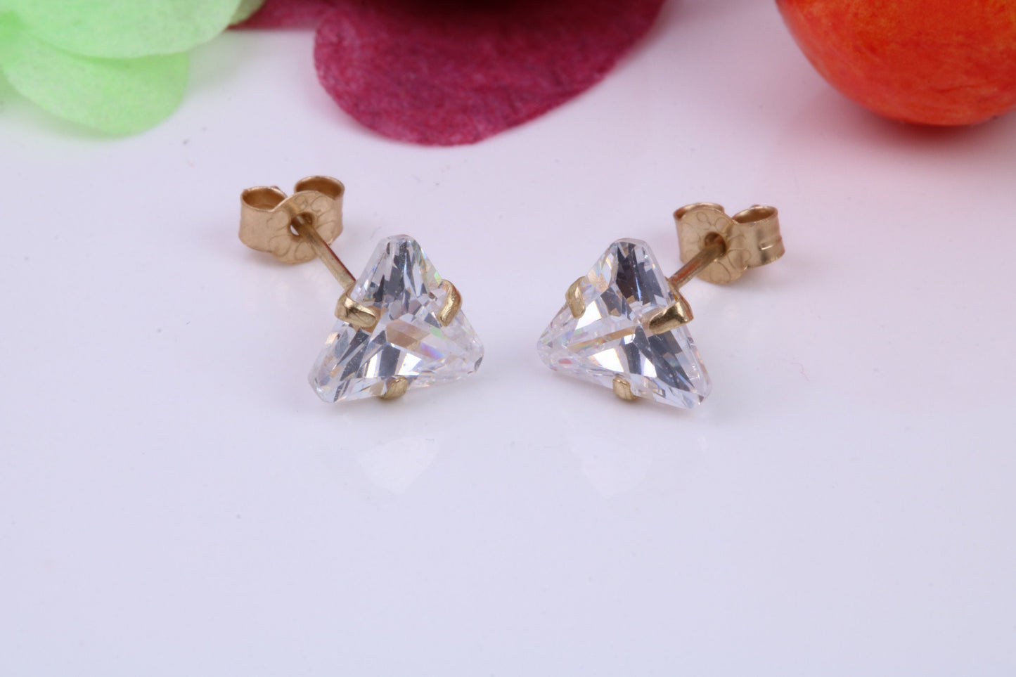 Trillion cut Cubic Zirconia set Stud Earrings, Measures 5 x 5 mm, Made from Solid 9ct Yellow Gold