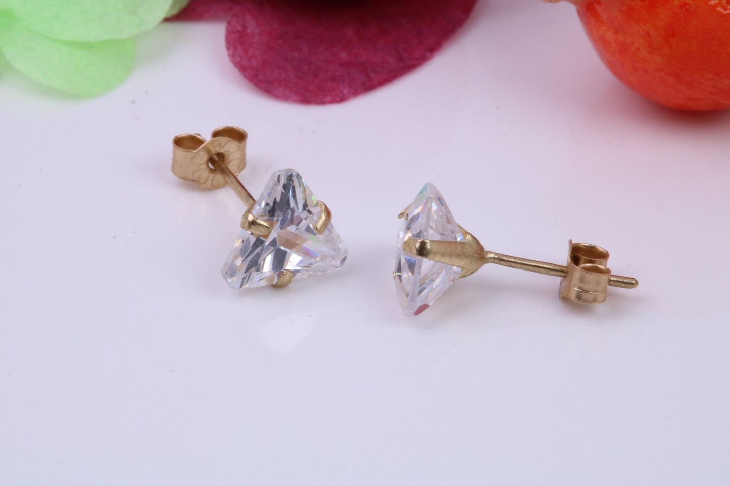 Trillion cut Cubic Zirconia set Stud Earrings, Measures 5 x 5 mm, Made from Solid 9ct Yellow Gold