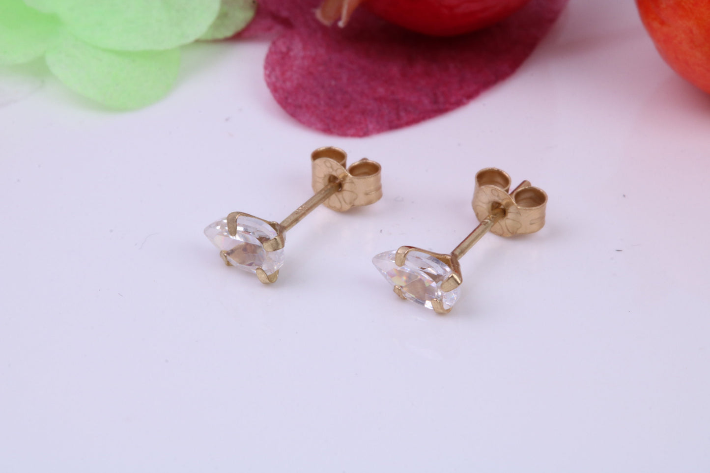 Small Pear Drop cut Cubic Zirconia set Stud Earrings, Measures 5 x 3 mm, Made from Solid 9ct Yellow Gold