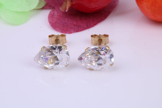 Pear Drop cut Cubic Zirconia set Stud Earrings, Measures 8 x 6 mm, Made from Solid 9ct Yellow Gold