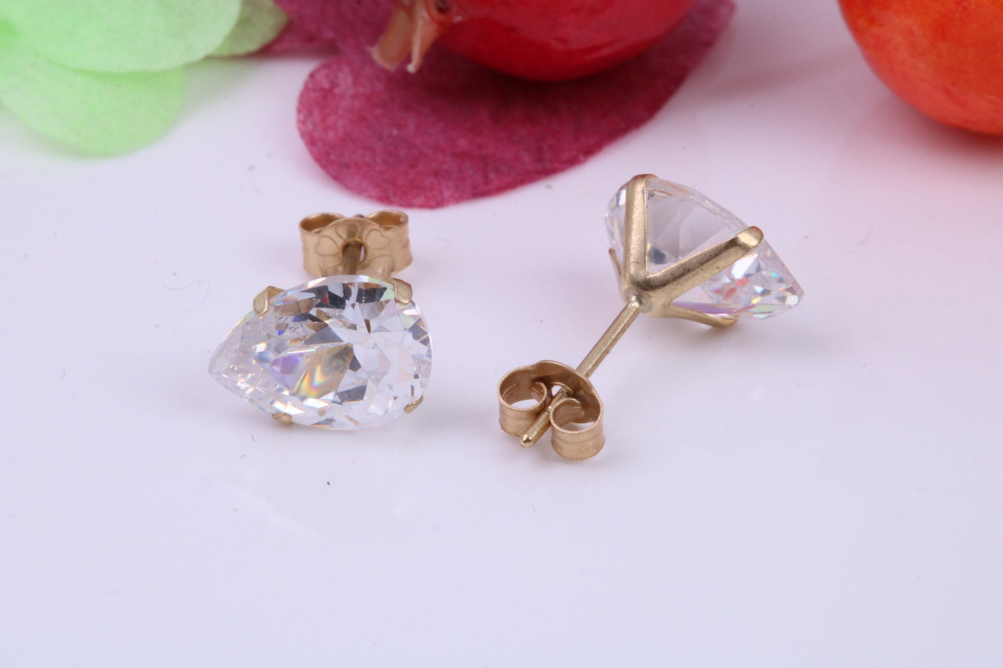 Pear Drop cut Cubic Zirconia set Stud Earrings, Measures 8 x 6 mm, Made from Solid 9ct Yellow Gold
