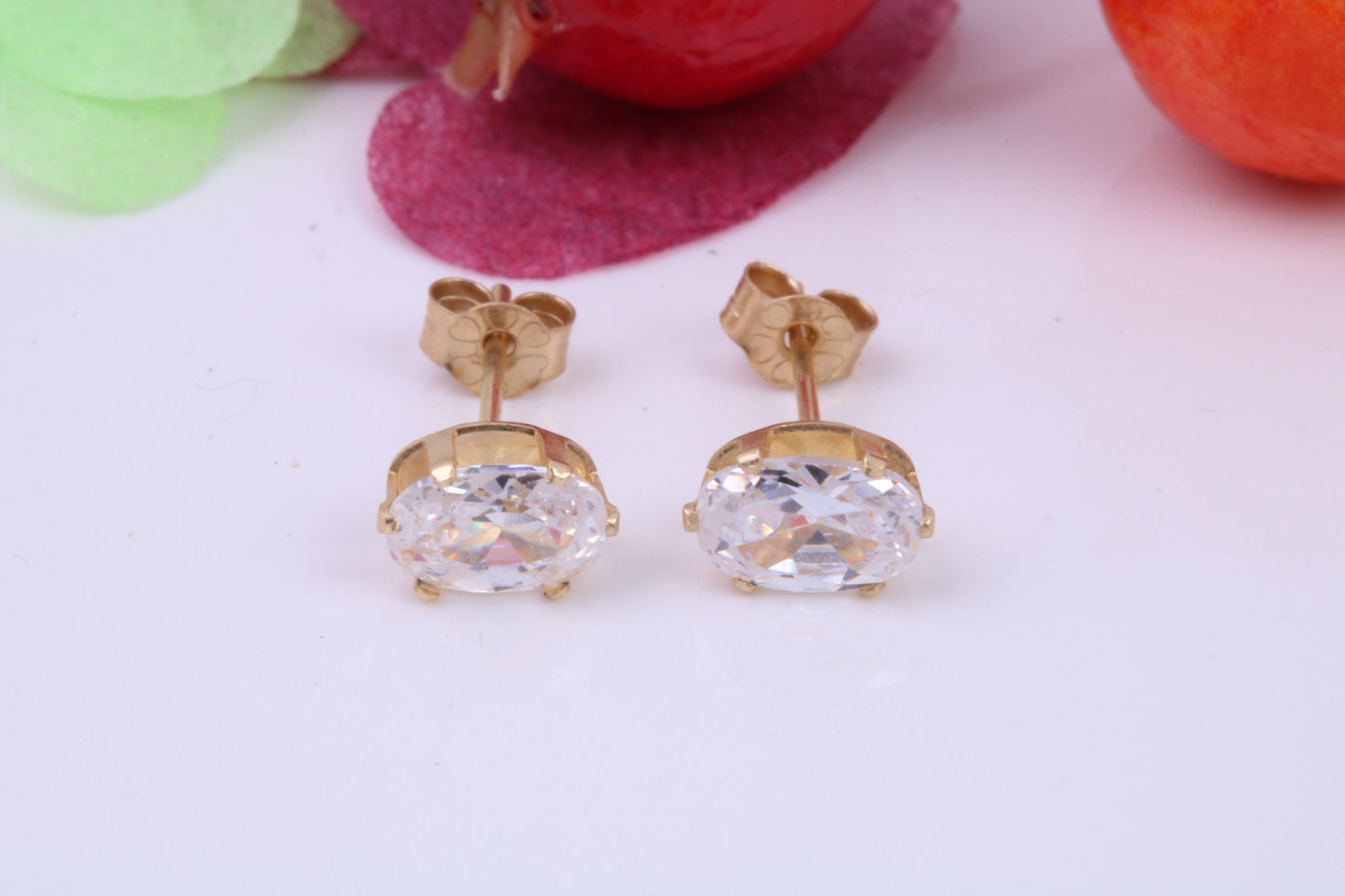 Basket set Oval cut Cubic Zirconia set Stud Earrings, Measures 6 x 4 mm, Made from Solid 9ct Yellow Gold