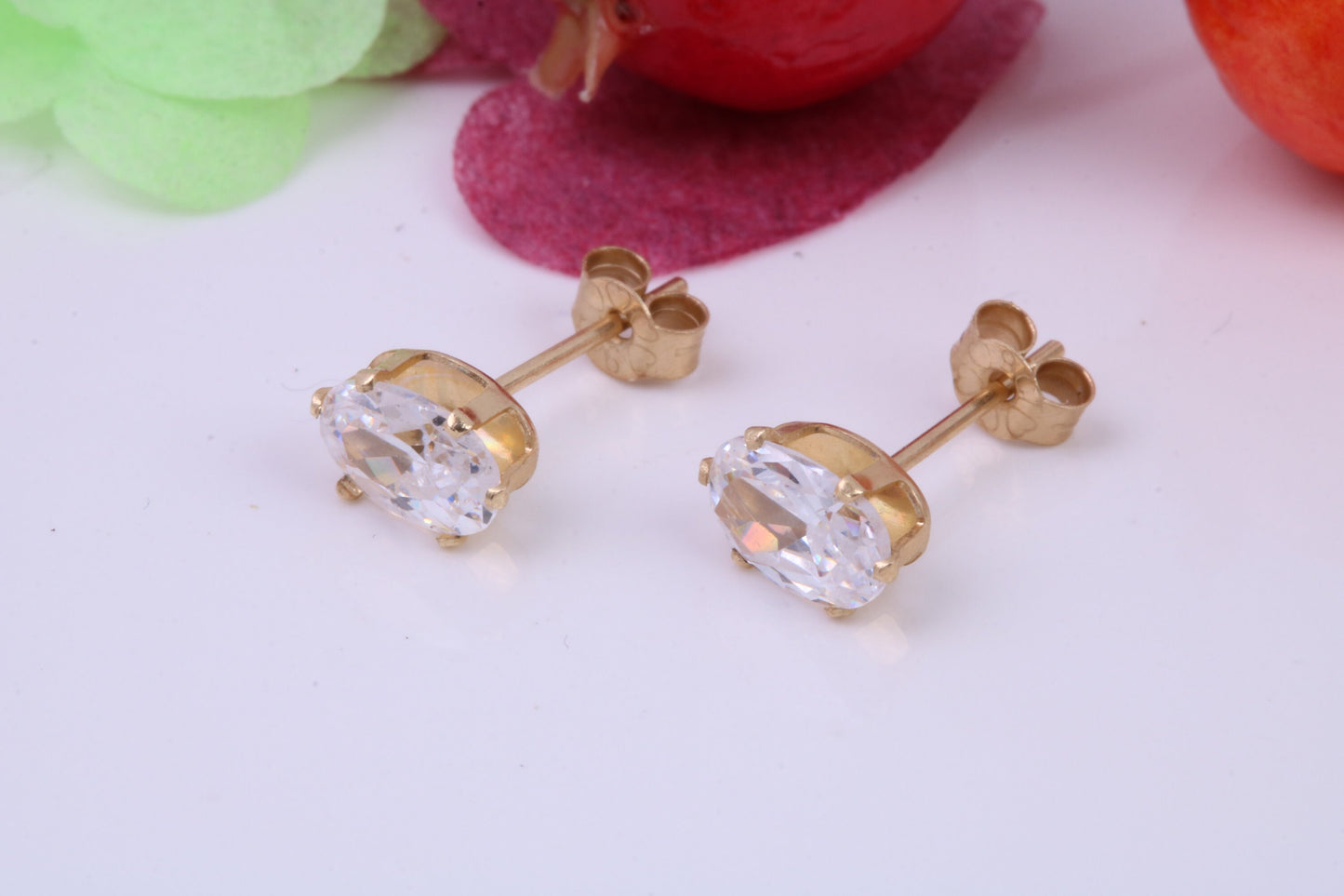 Basket set Oval cut Cubic Zirconia set Stud Earrings, Measures 6 x 4 mm, Made from Solid 9ct Yellow Gold