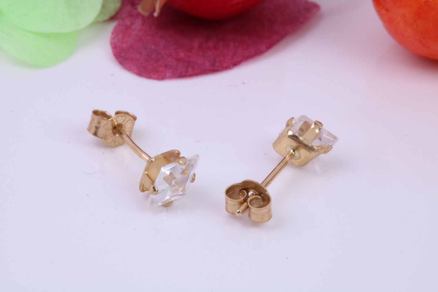 Diamond Shape cut Cubic Zirconia set Stud Earrings, Measures 6 x 4 mm, Made from Solid 9ct Yellow Gold