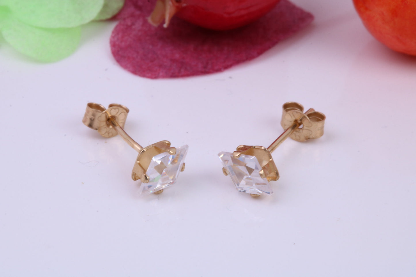 Diamond Shape cut Cubic Zirconia set Stud Earrings, Measures 6 x 4 mm, Made from Solid 9ct Yellow Gold