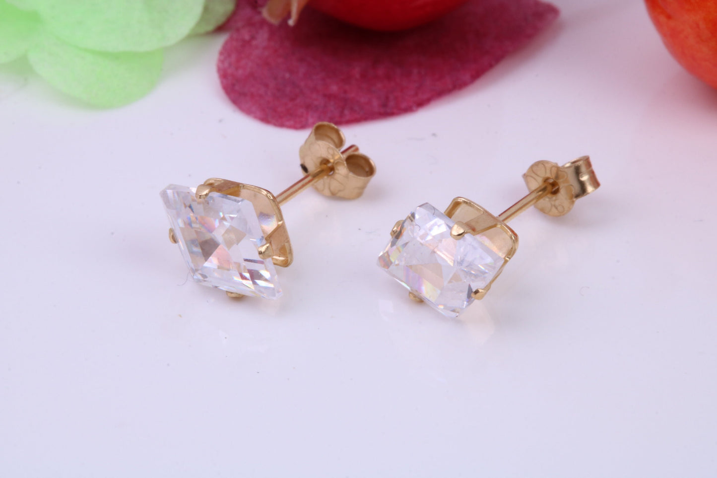 Diamond Shape cut Cubic Zirconia set Stud Earrings, Measures 8 x 6 mm, Made from Solid 9ct Yellow Gold