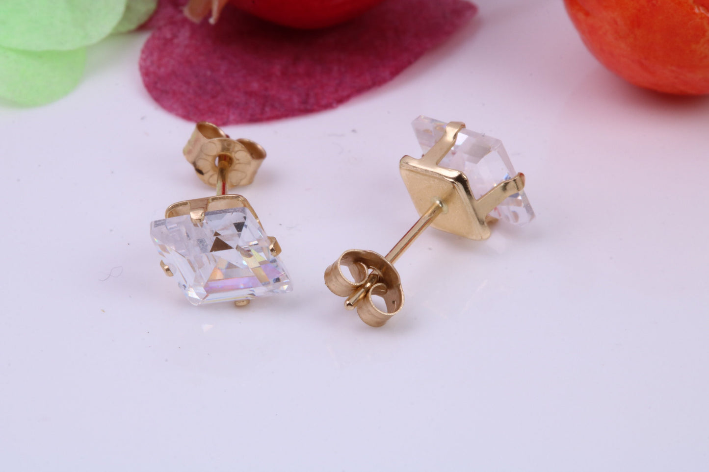 Diamond Shape cut Cubic Zirconia set Stud Earrings, Measures 8 x 6 mm, Made from Solid 9ct Yellow Gold